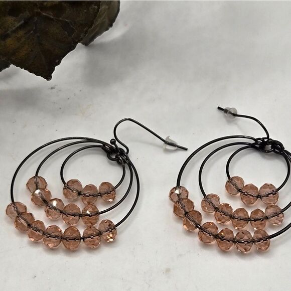 "5/$25" Gunmetal Peach Crystal Layered Circle Dangle Earrings - Picture 3 of 6